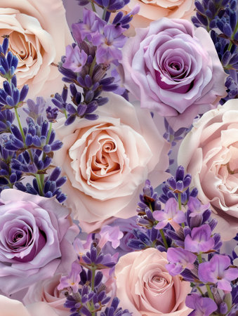 Delicate pink roses and vibrant lavender intertwine to form a beautiful, harmonious pattern, showcasing natureの素材