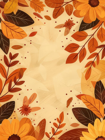 A colorful display of autumn leaves and flowers forms a warm, inviting backdrop, showcasing the beautiful hues of the fall season.の素材