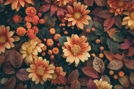 Colorful autumn leaves blend beautifully with warm-toned flowers, creating a picturesque view of nature's transition in fall.の素材