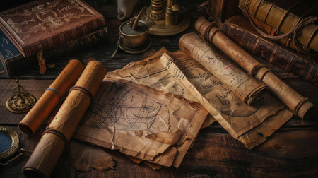 A collection of ancient books and scrolls lies on a wooden table, surrounded by historical artifacts, evoking a sense of history and exploration.の素材