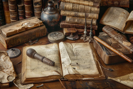 An assortment of ancient books, scrolls, and artifacts rests on a wooden table, showing historical significance and aged beauty.の素材