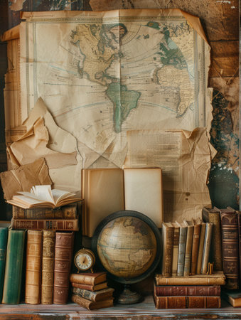 A display of ancient texts, parchments, and artifacts arranged alongside a vintage globe and map in a scholarly setting.の素材