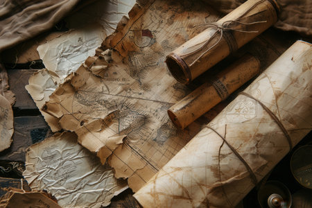 Resting on a wooden surface, ancient scrolls and worn maps tell tales of the past, inviting exploration of historical knowledge and mystery.の素材