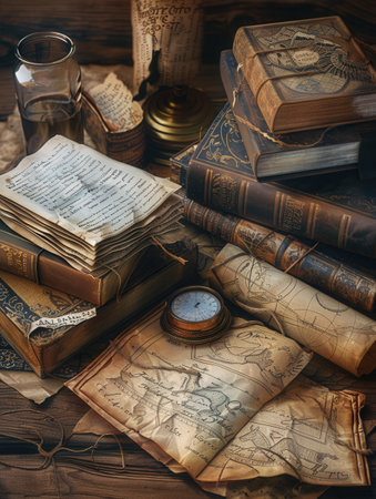 This displays a detailed arrangement of ancient books and scrolls along with unique artifacts, highlighting historical significance.の素材