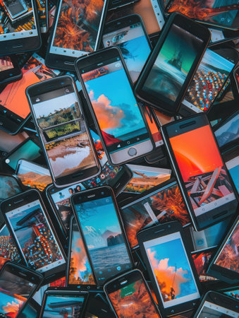 Smartphones lay stacked together, showcasing colorful stories and engaging short clips that capture the essence of modern communication.の素材