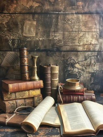 A collection of ancient books, scrolls, and artifacts rests against a textured backdrop, evoking a sense of historical exploration.の素材