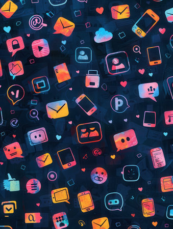 Colorful icons representing likes and comments overlay smartphone screens, capturing social media engagement in a modern setting.の素材