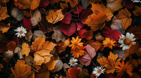 Colorful autumn leaves and blooming flowers create a beautiful tapestry on the ground under the soft light of a fall afternoon.の素材