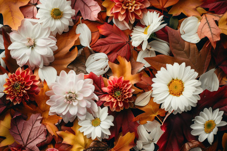A colorful arrangement of autumn leaves and flowers in warm hues blankets the ground, showing the beauty of the fall season.の素材