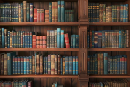 Well-organized wooden shelves showcase a diverse collection of textbooks and academic literature, highlighting a study environment.の素材