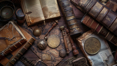 A collection of ancient books, scrolls, and artifacts lies on a wooden surface, representing the richness of historical literature and craft.の素材