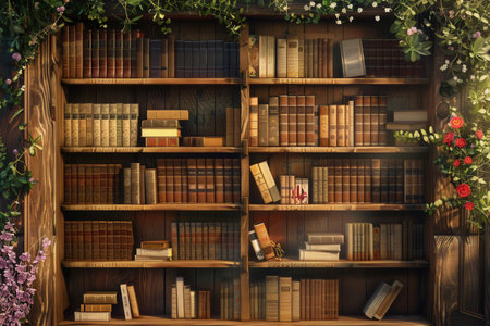 Wooden shelves filled with various textbooks and academic literature, complemented by vibrant greenery and decorative flowers nearby.の素材