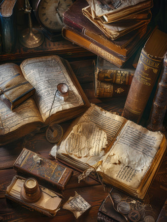 A collection of ancient books, scrolls, and artifacts is displayed on a wooden table, showcasing a rich historical narrative and craftsmanship.の素材