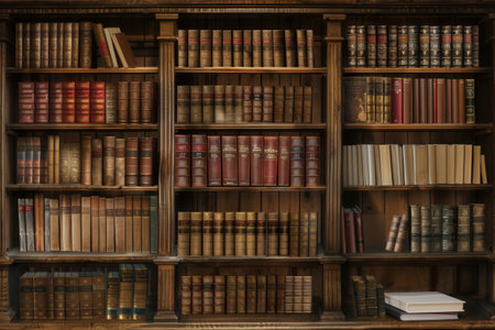 The wooden shelves showcase an extensive collection of textbooks and academic literature, bathed in warm afternoon sunlight.の素材