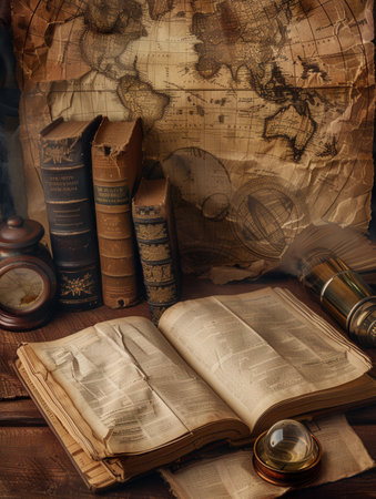 An inviting collection of ancient texts and artifacts, showing the rich history of exploration and knowledge in a study.の素材