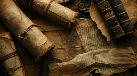 A collection of ancient scrolls and historical books lies atop old maps, inviting exploration of forgotten knowledge and history.の素材