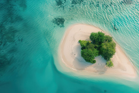 This serene island features soft white sand and vibrant greenery, perfectly nestled in crystal-clear turquoise waters.の素材