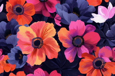 Brightly colored flowers of various species flourish with intensity on a contrasting black background, creating an eye-catching display.の素材
