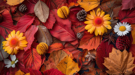 Beautiful autumn leaves in warm shades combine with bright flowers, showing the seasonal shift in a delightful, colorful arrangement.の素材
