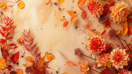 Vibrant autumn leaves and flowers in warm hues are artistically arranged on a light surface, celebrating the beauty of fall.の素材