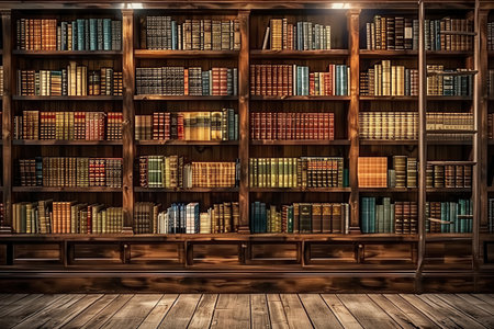 The wooden shelves are filled with a diverse range of textbooks and scholarly publications, creating an inviting study space.の素材