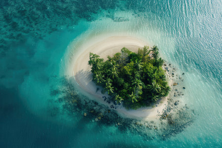 A tranquil getaway featuring soft white sand encircled by vibrant turquoise waters, ideal for leisure and nature lovers.の素材