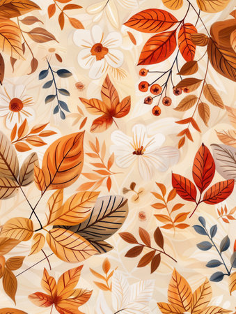 A delightful arrangement of autumn leaves and flowers showcases warm tones, perfect for seasonal decoration and nature appreciation.の素材