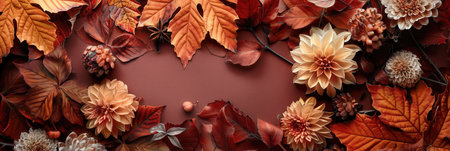 Colorful autumn leaves blend harmoniously with blooming flowers, creating a rich tapestry of warm hues perfect for seasonal decor.の素材