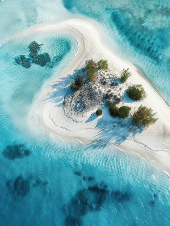 Discover a hidden island featuring pristine white sand and crystal-clear turquoise water, ideal for a tranquil escape in nature.の素材