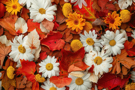 A colorful arrangement of autumn leaves and flowers showcases warm tones, highlighting nature's beauty in the fall.の素材