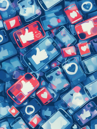Smartphones are covered with like and comment icons, illustrating the interaction and engagement prevalent in online social communities.の素材