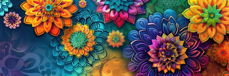 A collection of colorful floral mandalas showcases intricate designs and patterns, celebrating the beauty of nature in vivid hues.の素材