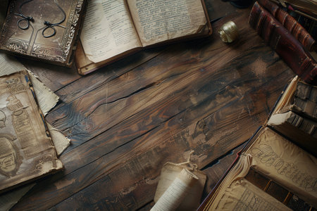 A collection of ancient books and scrolls is displayed on a rustic wooden table, revealing treasures from history and knowledge.の素材