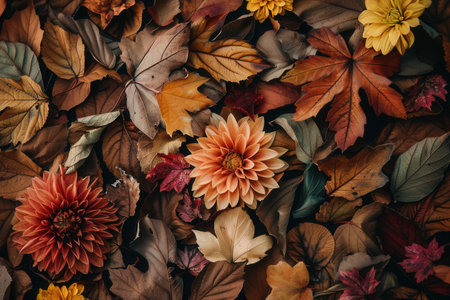 A beautiful arrangement of autumn leaves and colorful flowers harmonizes, showcasing rich warm tones typical of fall's changing landscape.の素材
