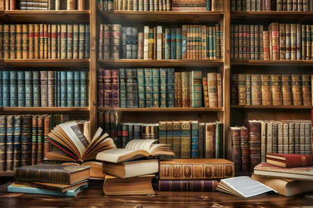 A cozy library features wooden shelves filled with an extensive collection of textbooks and academic literature, inviting study and reflection.の素材