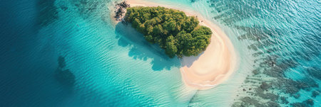 Relax on a peaceful island surrounded by clear turquoise water, featuring soft white sand and lush greenery under a colorful sky.の素材