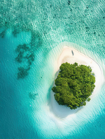 A tranquil getaway featuring a deserted island adorned with soft white sand and vibrant turquoise waters, perfect for relaxation.の素材
