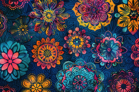 Colorful floral mandalas fill the canvas, offering a captivating display of art that inspires creativity and provides calmness.の素材