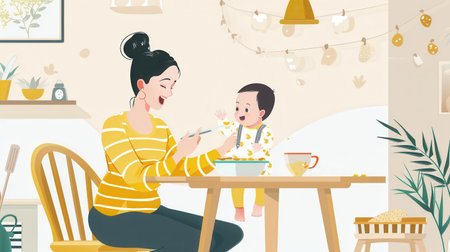 A mother is happily feeding her baby in a snug home atmosphere, fostering a loving and comfortable experience during mealtime.の素材