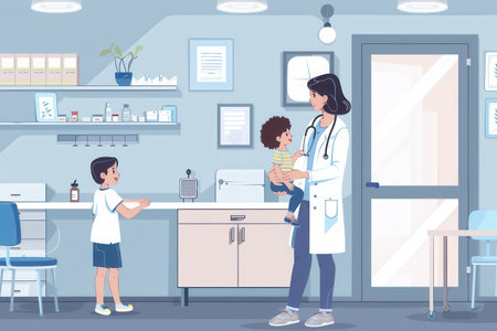 A mother holds her child in a pediatrician's office as another child stands by the desk, waiting for their appointment.の素材