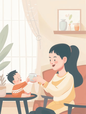 In a warm and inviting home, a mother lovingly feeds her baby while sitting together in a comfortable setting.の素材