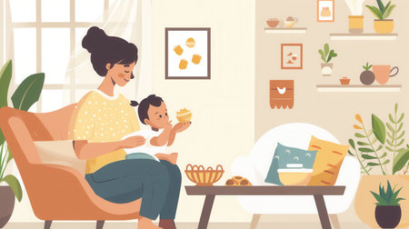 In a welcoming home environment, a mother lovingly feeds her baby, highlighting a moment of care and bonding in their daily life.の素材