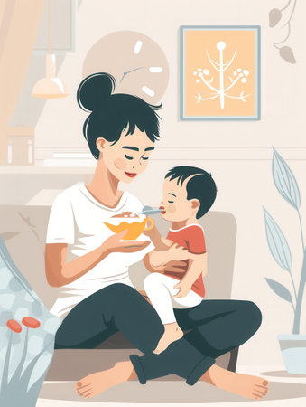 A mother sits comfortably on a couch, feeding her baby with care in a warm, inviting home atmosphere.の素材