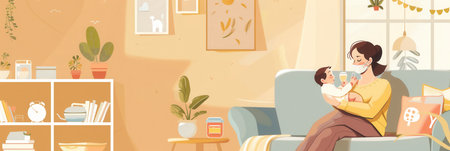 A mother cradles her baby while feeding in a warm, inviting living room filled with plants and comfortable furnishings.の素材