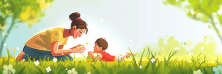 A joyful mother interacts playfully with her toddler on lush green grass in a bright park filled with sunshine.の素材