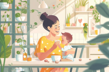 In a nurturing home filled with plants, a mother gently feeds her baby, creating a warm and loving atmosphere of bonding.の素材