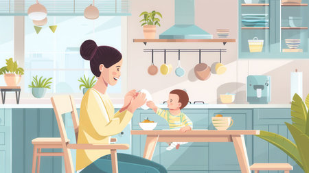 A mother enjoys a nurturing moment, feeding her baby in a bright, inviting kitchen filled with plants.の素材
