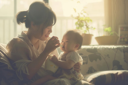 In a cozy home, a mother gently feeds her baby, creating a warm and nurturing moment filled with love and connection.の素材