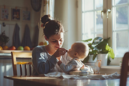 A mother gently feeds her baby in a warm and inviting kitchen filled with natural light.の素材