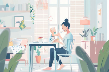 A mother shares a nurturing moment with her baby, feeding them in their warm and inviting home filled with sunlight and comfort.の素材